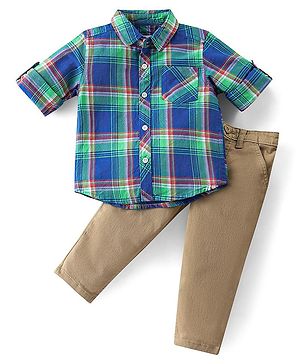 Babyhug Cotton Full Sleeves Shirt Checkered with Denim Jeans - Blue & Beige