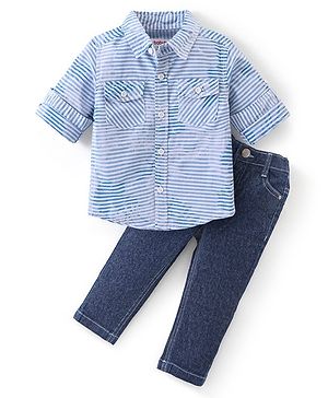 Babyhug Full Sleeves Jacquard Striped Shirt and Denim Jeans - Blue