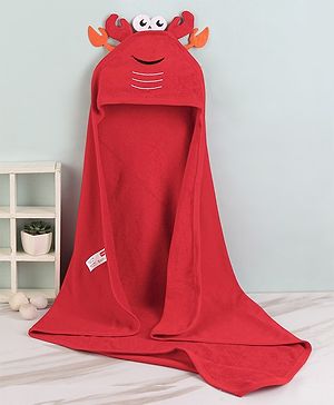 Babyhug Cotton Terry Knit Towel with Hood Crab Applique L 76.2 x B 76.2 cm - Red