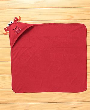 Babyhug Cotton Terry Knit Towel with Hood Crab Applique L 76.2 x B 76.2 cm - Red