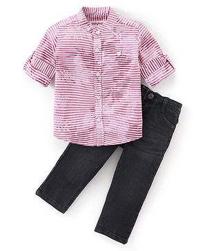 Babyhug Full Sleeves Jacquard Striped Shirt and Denim Jeans - Red & Black