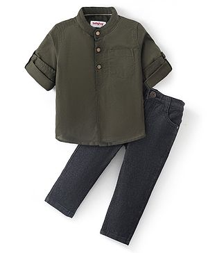 Babyhug 100% Cotton Knit Full Sleeves Shirt & Jeans With Solid Colour - Green & Black