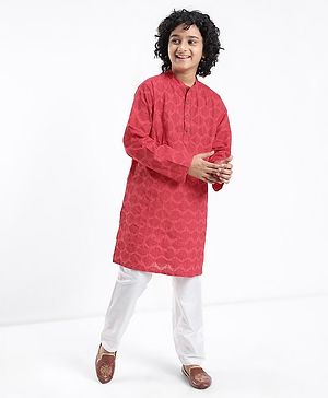 Pine Kids Cotton Woven Full Sleeves Pintucks Kurta Pyjama Set - Red