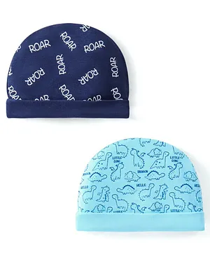 Doodle Poodle 100% Cotton Text & Dino Printed Caps Pack of 2 Navy Blue - Diameter 15 cm