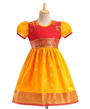 Bhartiya Paridhan Silk Half sleeves Ethnic Dress  With Border Work - Yellow