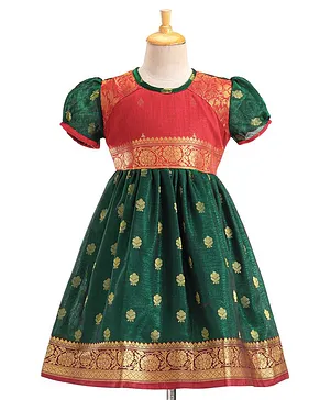 Bhartiya Paridhan Silk Half sleeves Ethnic Dress  With Border Work - Green