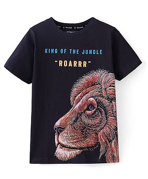 Pine Kids 100% Cotton Knit Half Sleeves T-Shirt Lion Print - Black