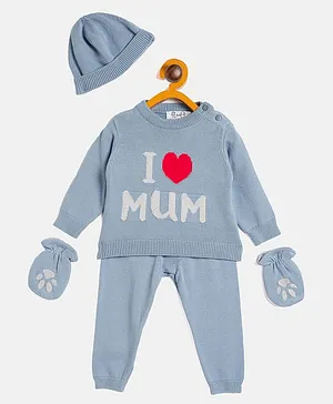 JWAAQ Full Sleeves I Love Mum Designed Fur Lined 4 Piece Coordinating Unisex Winter Wear Sweater Set - Blue