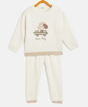 JWAAQ Full Sleeves Puppy & Mini Boy Text Designed Fur Lined Coordinating Unisex Sweater Set - Beige