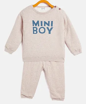 JWAAQ Full Sleeves Mini Boy Text Designed With Fur Lined Unisex Sweater Set - Beige