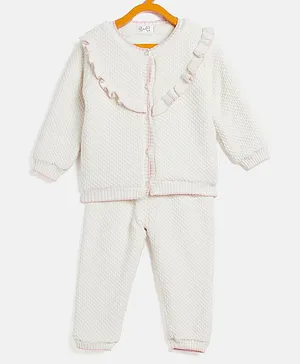 JWAAQ Full Sleeves Solid Frill Neckline  With Fur Lined Sweater Set - Off White