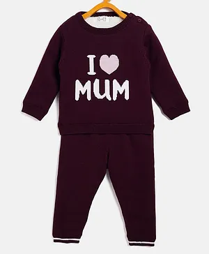 JWAAQ  Full Sleeves I Love Mom  Text Design With Fur Lined Winter Wear Set - Wine Red