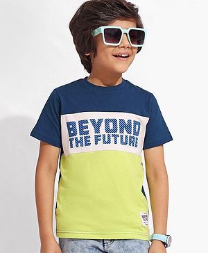 Pine Kids 100% Cotton Knit Half Sleeves Cut & Sew T-Shirt with Text Print-Green & Blue