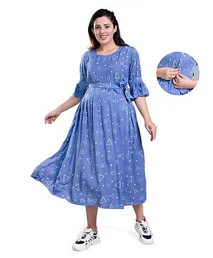 Mamma's Maternity Three Fourth Sleeves Geometric Design Printed Maternity Dress With Nursing Access - Sky Blue