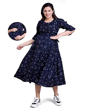 Mamma's Maternity Three Fourth Sleeves Geometric Design Printed Maternity Dress With Nursing Access - Navy Blue