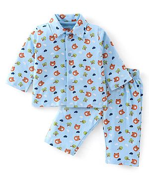 Babyhug Cotton Knit Full Sleeves Night Suit with Bear Print - Blue