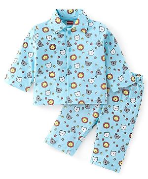 Babyhug Cotton Knit Full Sleeves Night Suit With Lion Print - Blue