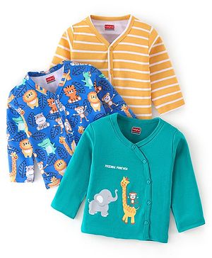 Babyhug 100% Cotton Knit Full Sleeves Front Open Jhablas Elephant Print Pack of 3 - Teal Blue & Yellow