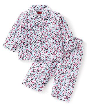 Babyhug Cotton Knit Full Sleeves Floral Printed Night Suit - White