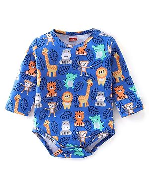Babyhug 100% Cotton Knit Full Sleeves Wild Animal Print Onesie - Blue