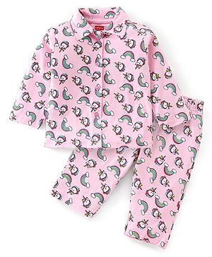 Babyhug Cotton Knit Full Sleeves Unicorn Printed Night Suit - Pink