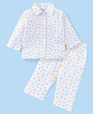 Babyhug Cotton Knit Full Sleeves Night Suit With Heart Print - White