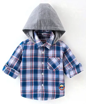 Babyhug 100% Cotton Knit Full Sleeve Hooded Shirt Checkered - Blue & White