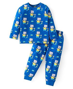 Babyhug Cotton Knit Full Sleeves Vehicles Printed Night Suit - Blue