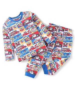 Babyhug Cotton Knit Full Sleeves Vehicles Printed Night Suit - Multicolour
