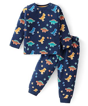 Babyhug Cotton Knit Full Sleeves Dino Printed Night Suit - Navy Blue
