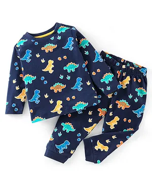 Babyhug Cotton Knit Full Sleeves Dino Printed Night Suit - Navy Blue