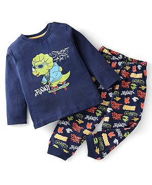 Babyhug Cotton Knit Full Sleeves Dino Printed Night Suit - Navy Blue