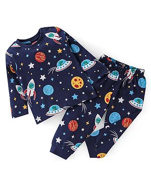 Babyhug Cotton Single Jersey Knit Full Sleeves Night Suit Space Print - Navy Blue