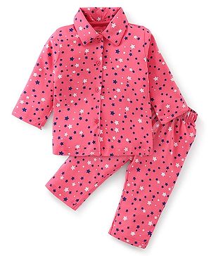 Babyhug Cotton Knit Full Sleeves Stars Printed Night Suit - Pink