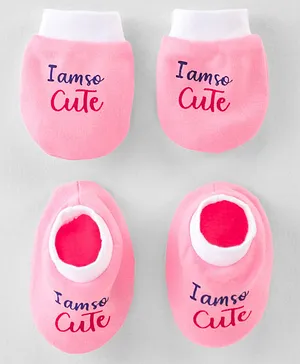 Simply Cotton Knit Interlock Mittens and Booties Set I am So Cute Text Print - Pink