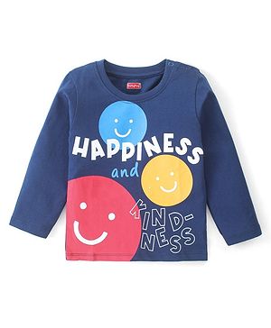 Babyhug 100% Cotton Knit Full Sleeves Happiness Printed T-Shirt - Navy Blue