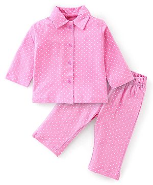 Babyhug Cotton Knit Full Sleeves Polka Dots Printed Night Suit - Pink