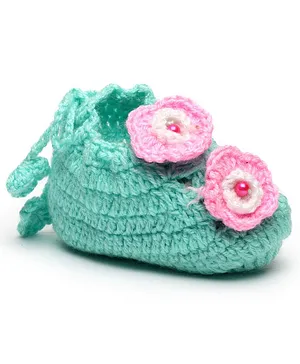 MayRa Knits Flower Detailed Hand Knitted Booties - Green
