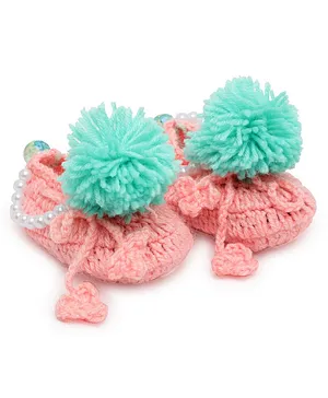 MayRa Knits Pom Pom Detailed Hand Knitted Booties - Pink