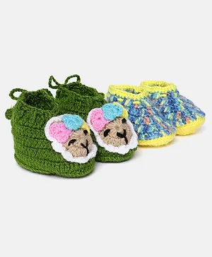MayRa Knits Pack Of 2 Face Detailed Hand Knitted Booties - Blue