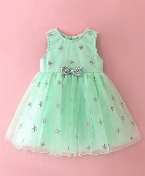 Babyhug Sleeveless Party Frock with Sequinned Star Embroidery - Mint Blue