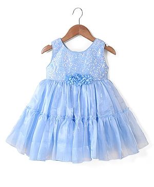 Babyhug Sleeveless Sequins Detailing Organza Tiered Party Frock - Frozen  Blue