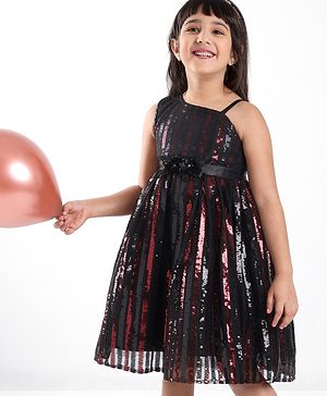 Babyhug Sleeveless Sequinned Party Frock with Floral Applique - Red & Black