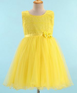 Babyhug Sleeveless Sequinned & Embroidered Party Frock with Floral Applique -  Yellow