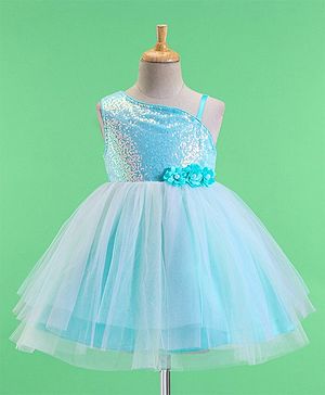 Babyhug Woven Sleeveless Party Frock With Sequinned & Floral Applique - Blue