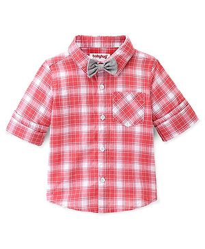 Babyhug Cotton Woven Full Sleeves Checkered One Pocket Party Shirt with Bow Tie - Red & White