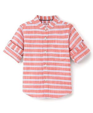 Babyhug 100% Cotton Woven Full Sleeves Striped Shirt with Pocket - Orange