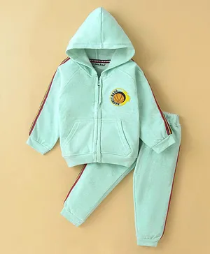 Little Darlings Fleece Full Sleeves Hooded Winter Wear Suit With Solid Colour - Snow Green
