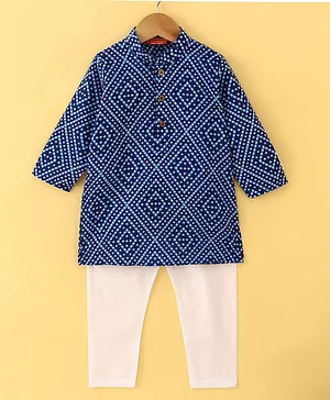Exclusive from Jaipur Cotton Knit Full Sleeves Kurta Pyjama Set Bandhani Print- Blue