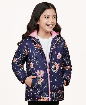 Pine Kids Full Sleeves Solid Reversible Medium Winter Jacket Floral Print - Navy Blue & Pink